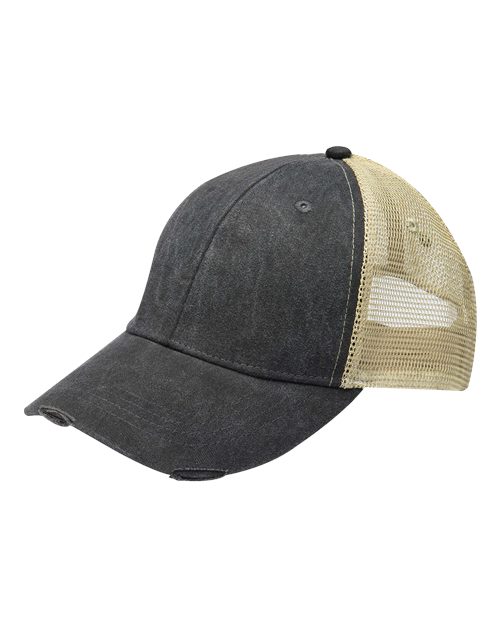 Adams Headwear Ollie Distressed Trucker Cap - Black/ Tan