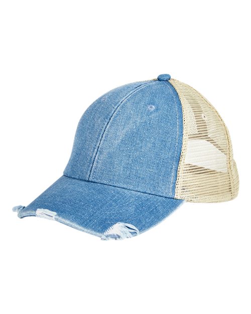 Adams Headwear Ollie Distressed Trucker Cap - Light Denim/ Tan