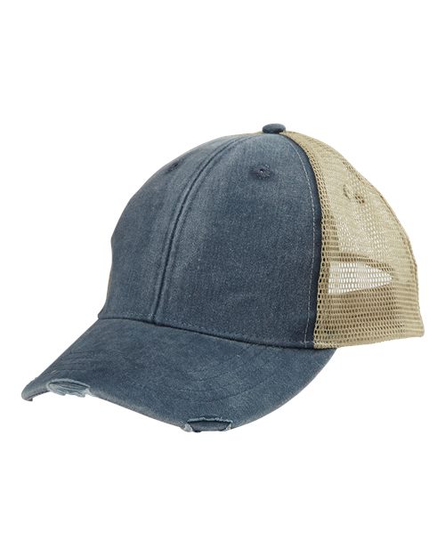 Adams Headwear Ollie Distressed Trucker Cap - Navy/ Tan