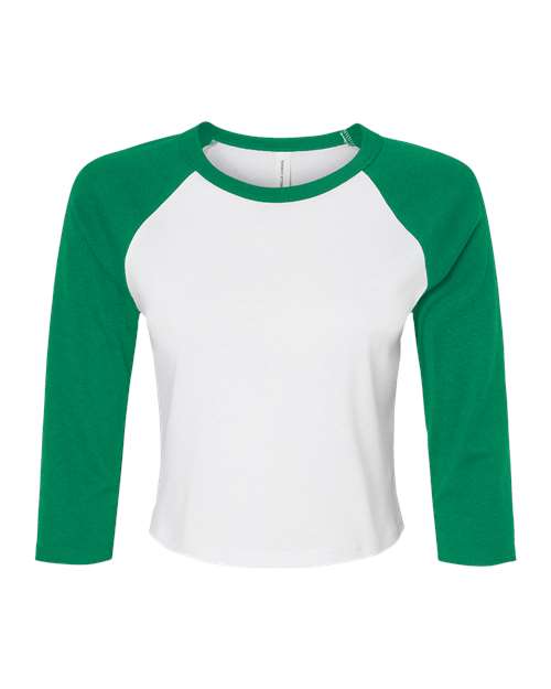BELLA + CANVAS Women's Micro Rib Three-Quarter Raglan Sleeve Baby Tee - White/ Kelly