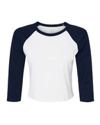BELLA + CANVAS Women's Micro Rib Three-Quarter Raglan Sleeve Baby Tee - White/ Navy