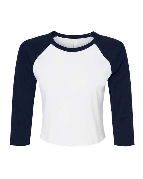 BELLA + CANVAS Women's Micro Rib Three-Quarter Raglan Sleeve Baby Tee - White/ Navy