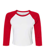 BELLA + CANVAS Women's Micro Rib Three-Quarter Raglan Sleeve Baby Tee - White/ Red