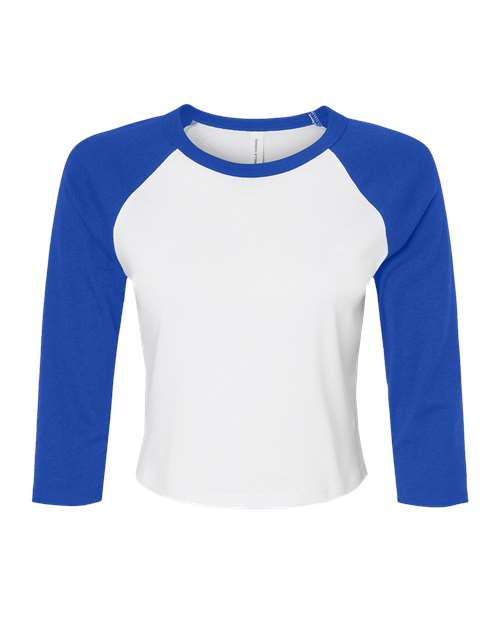 BELLA + CANVAS Women's Micro Rib Three-Quarter Raglan Sleeve Baby Tee - White/ True Royal