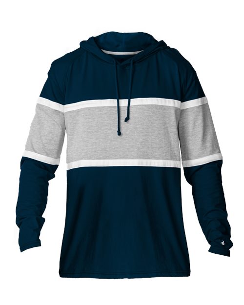 Badger Unisex United Hooded Long Sleeve T-Shirt - Navy/ Oxford/ White