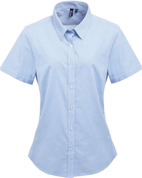 Artisan Collection by Reprime Women's Microcheck Gingham Short Sleeve Cotton Dress Shirt - Light Blue/ White