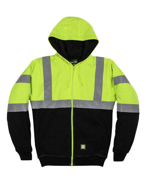 Berne Apparel Men's Hi-Vis Class 3 Color Block Full-Zip Hooded Sweatshirt - Hi Vis Yellow