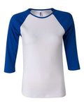 BELLA + CANVAS Women’s 1X1 Baby Rib Raglan Three-Quarter Sleeve Tee - White/ True Royal