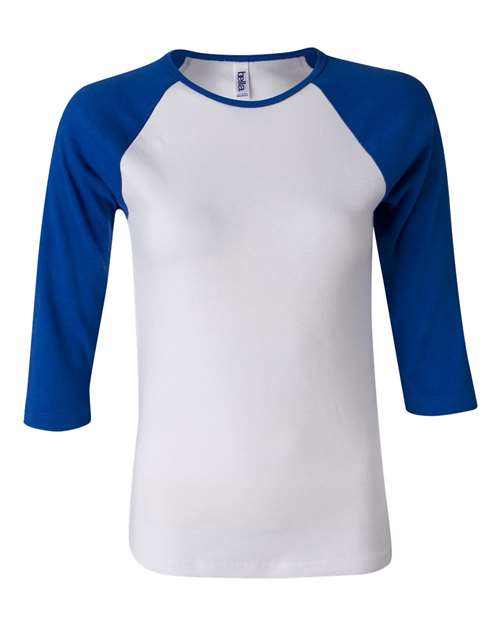 BELLA + CANVAS Women’s 1X1 Baby Rib Raglan Three-Quarter Sleeve Tee - White/ True Royal