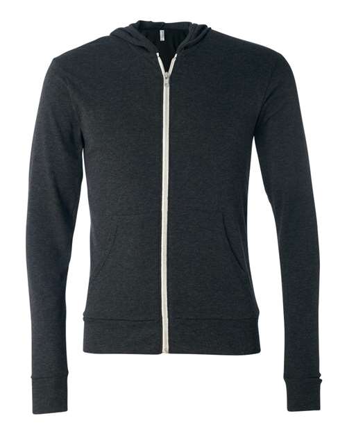 BELLA + CANVAS Unisex Triblend Lightweight Full-Zip Hooded Long Sleeve Tee - Charcoal Black Triblend
