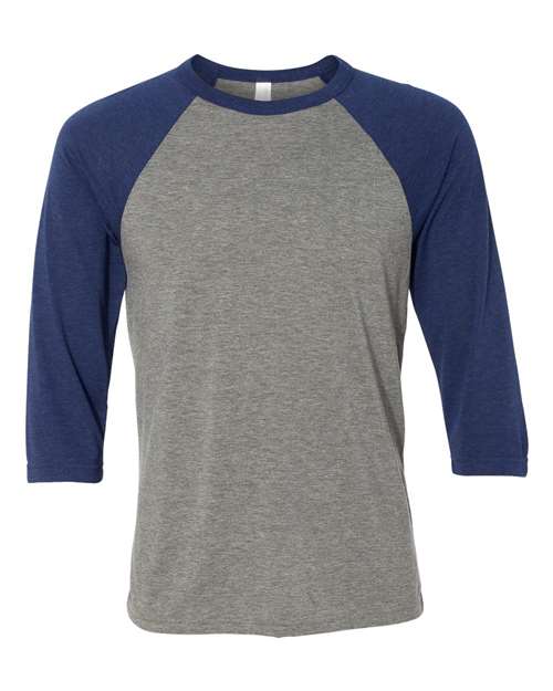 BELLA + CANVAS Unisex Three-Quarter Sleeve Baseball Tee - Grey/ Navy Triblend