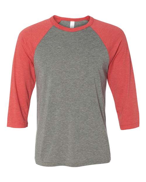 BELLA + CANVAS Unisex Three-Quarter Sleeve Baseball Tee - Grey/ Red Triblend