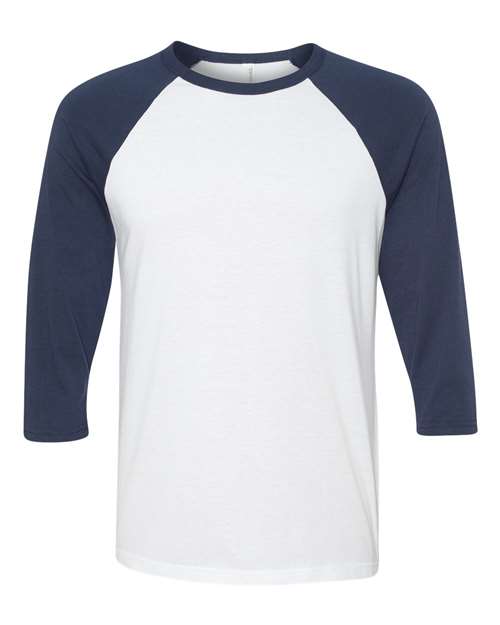 BELLA + CANVAS Unisex Three-Quarter Sleeve Baseball Tee - White/ Navy