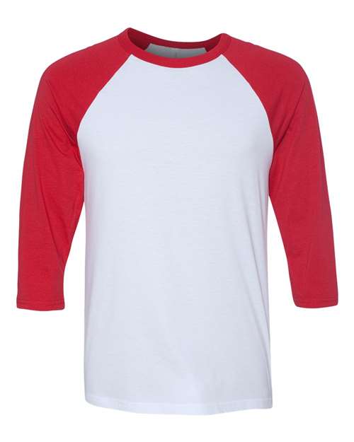 BELLA + CANVAS Unisex Three-Quarter Sleeve Baseball Tee - White/ Red