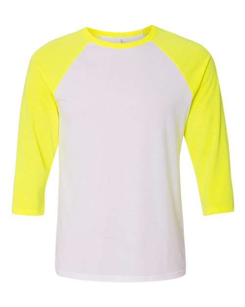 BELLA + CANVAS Unisex Three-Quarter Sleeve Baseball Tee - White/ Neon Yellow