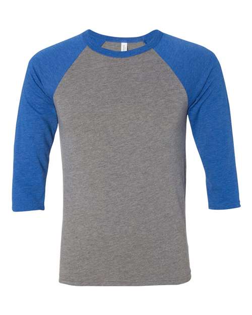BELLA + CANVAS Unisex Three-Quarter Sleeve Baseball Tee - Grey/ True Royal Triblend