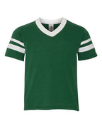Augusta Sportswear Youth V-Neck Jersey with Striped Sleeves - Dark Green/ White
