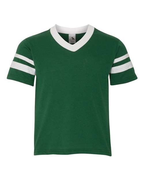 Augusta Sportswear Youth V-Neck Jersey with Striped Sleeves - Dark Green/ White
