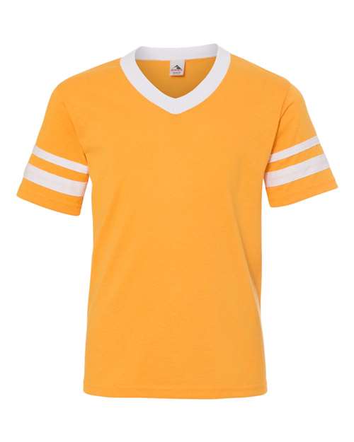 Augusta Sportswear Youth V-Neck Jersey with Striped Sleeves - Gold/ White