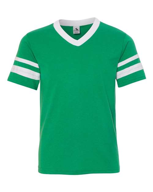 Augusta Sportswear Youth V-Neck Jersey with Striped Sleeves - Kelly/ White