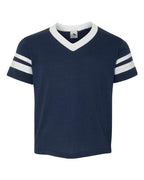 Augusta Sportswear Youth V-Neck Jersey with Striped Sleeves - Navy/ White