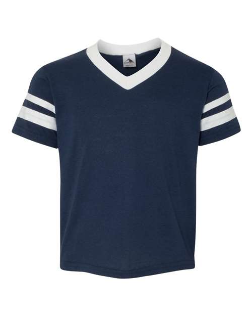 Augusta Sportswear Youth V-Neck Jersey with Striped Sleeves - Navy/ White