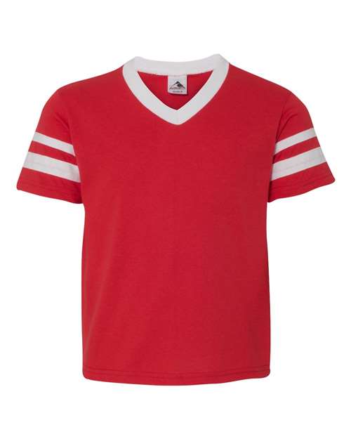 Augusta Sportswear Youth V-Neck Jersey with Striped Sleeves - Red/ White