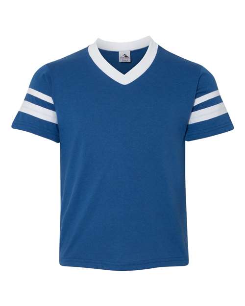 Augusta Sportswear Youth V-Neck Jersey with Striped Sleeves - Royal/ White