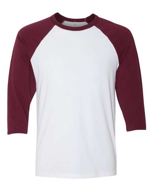 BELLA + CANVAS Unisex Three-Quarter Sleeve Baseball Tee - White/ Maroon