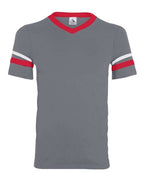 Augusta Sportswear Youth V-Neck Jersey with Striped Sleeves - Graphite/ Red/ White