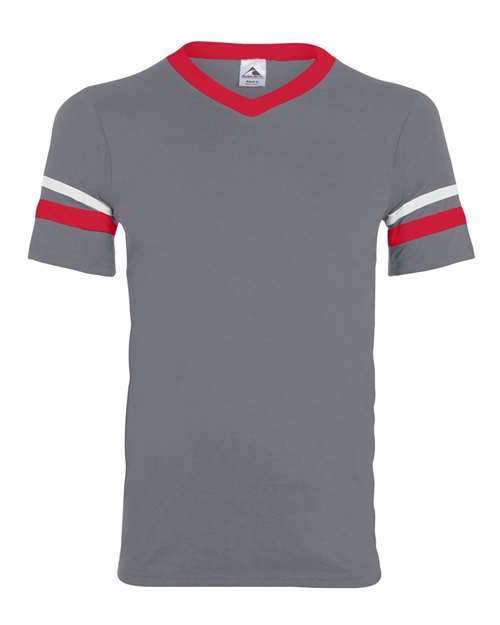 Augusta Sportswear Youth V-Neck Jersey with Striped Sleeves - Graphite/ Red/ White