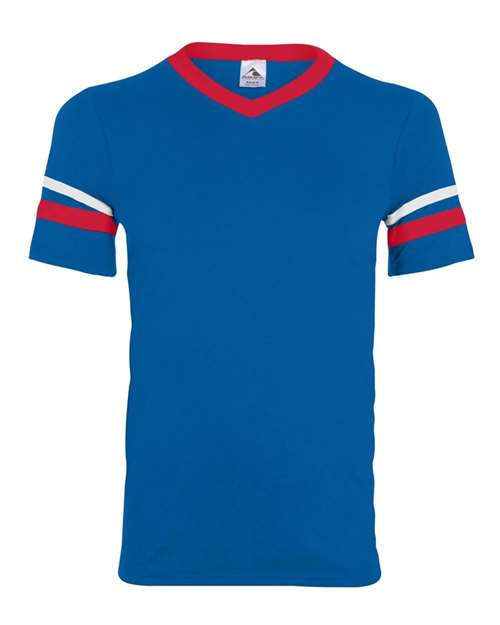 Augusta Sportswear Youth V-Neck Jersey with Striped Sleeves - Royal/ Red/ White