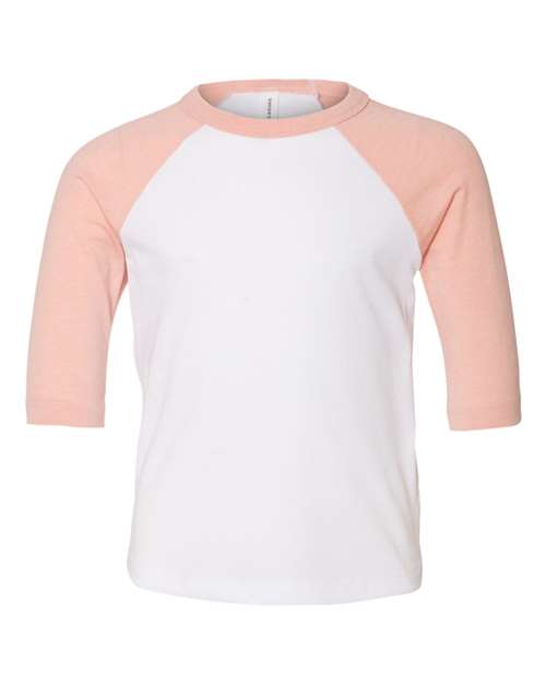 BELLA + CANVAS Toddler Three-Quarter Sleeve Baseball Tee - White/ Heather Peach