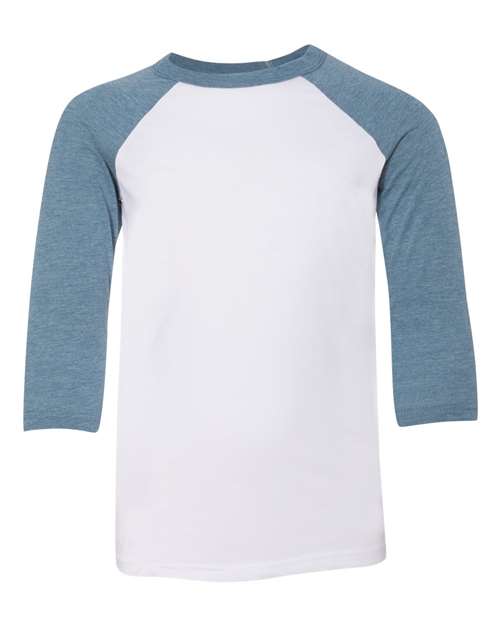 BELLA + CANVAS Youth Three-Quarter Sleeve Baseball Tee - White/ Denim