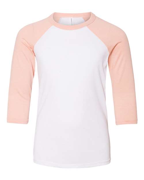 BELLA + CANVAS Youth Three-Quarter Sleeve Baseball Tee - White/ Heather Peach