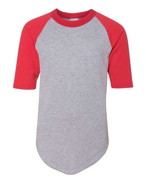 Augusta Sportswear Youth Three-Quarter Sleeve Baseball Jersey - Athletic Heather/ Red